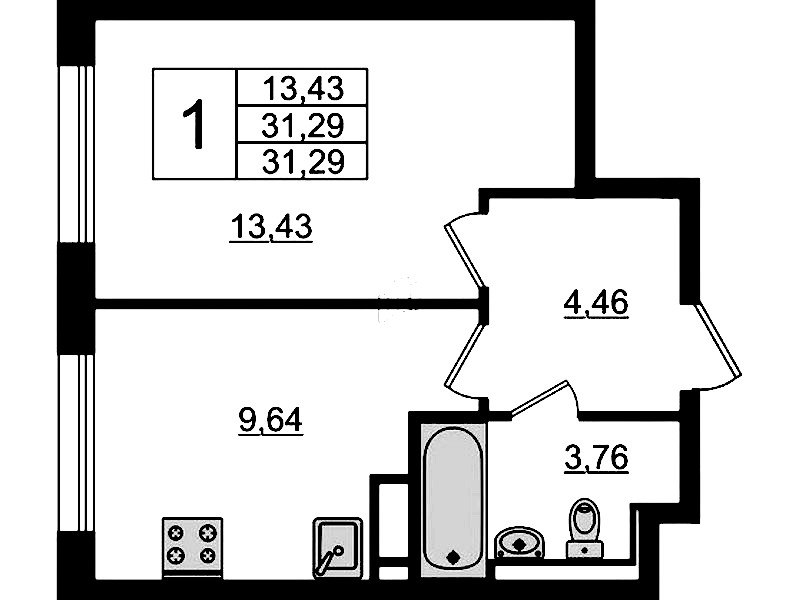 1-комнатная квартира 31.29 м², 10/12 эт., ЖК «Новые Лаврики»